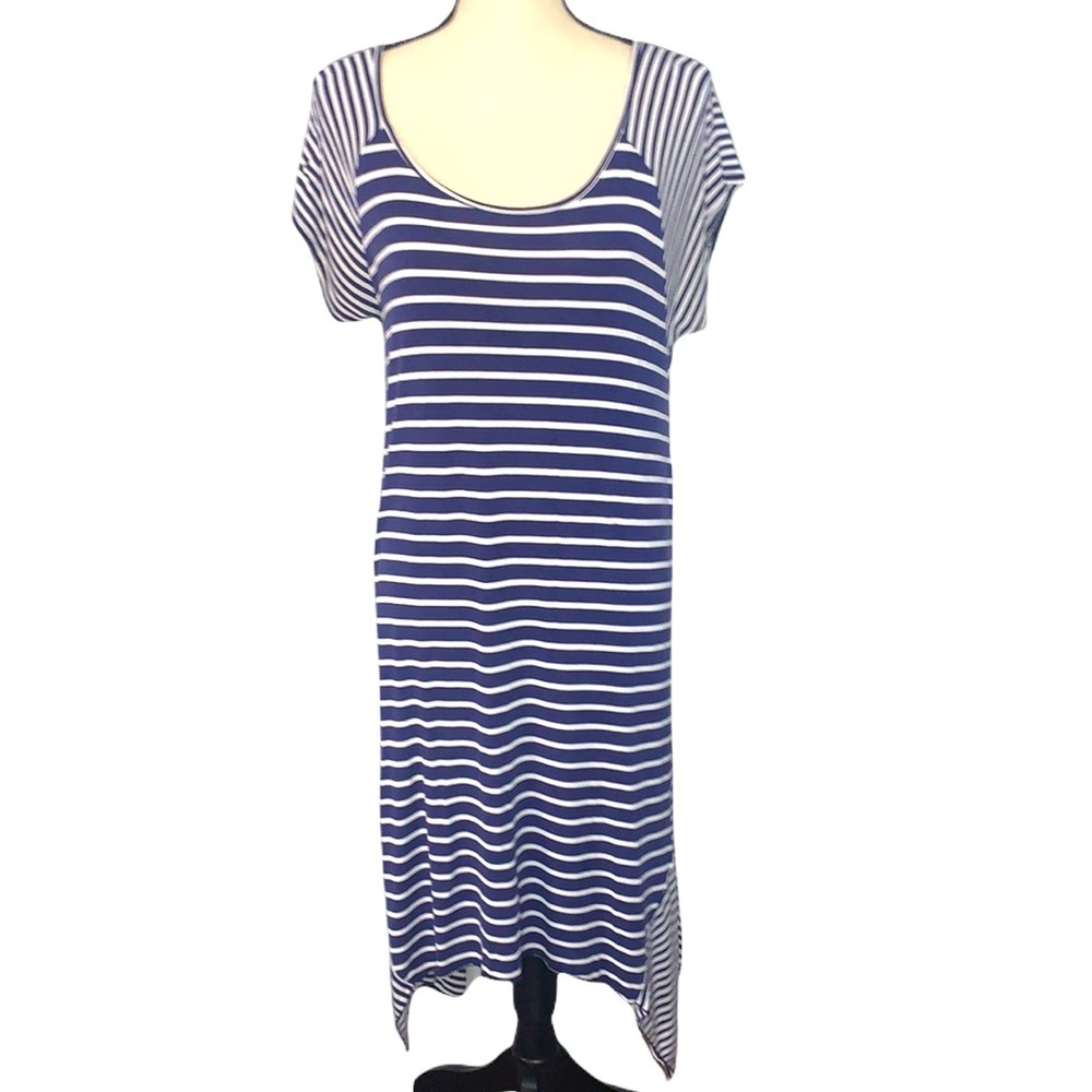 Shannon Ford NY Navy White Stripe Asymmetrical Hem Midi Dress Large EUC